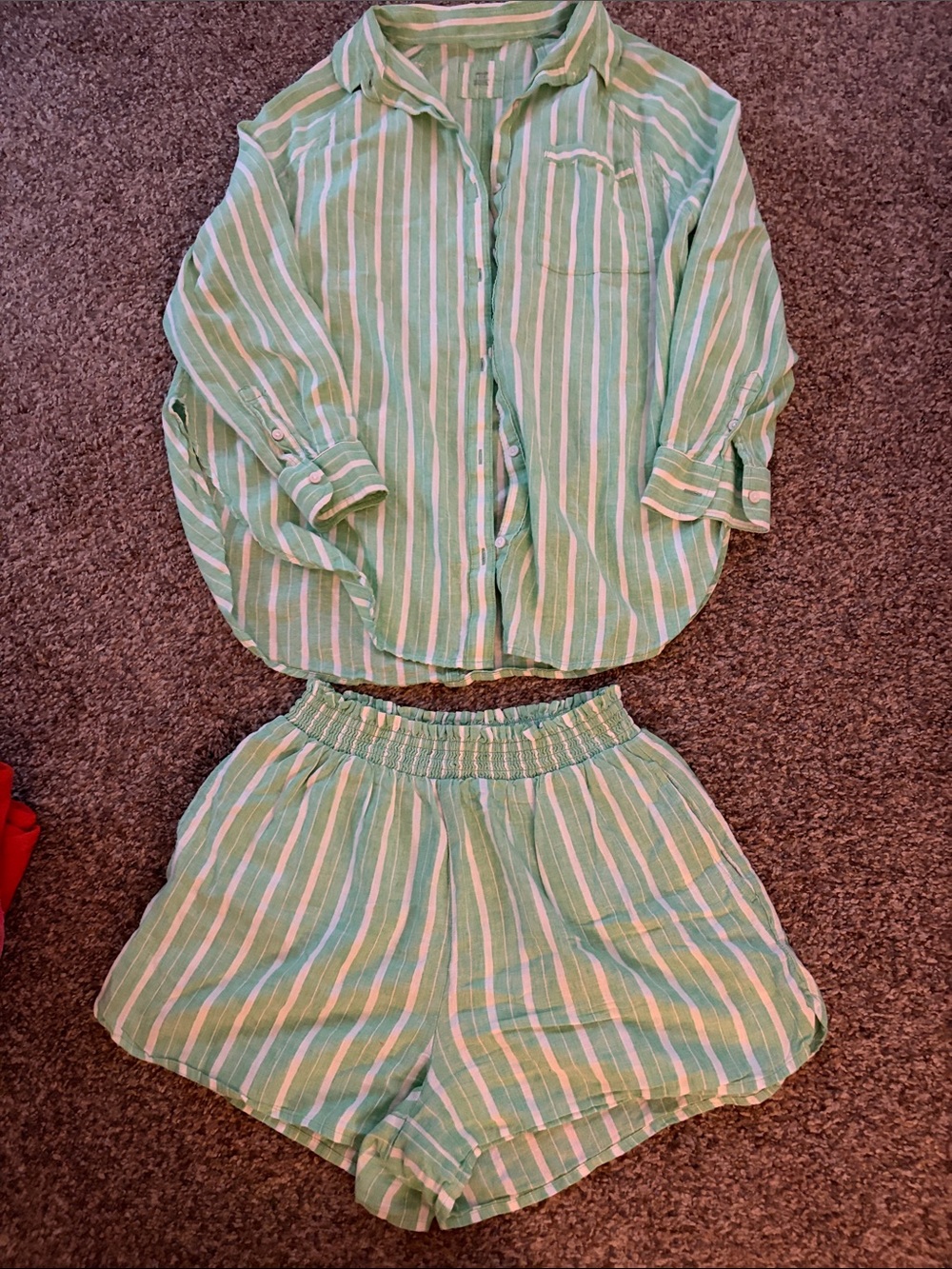 Aerie Green and White Striped Cotton Shorts Set